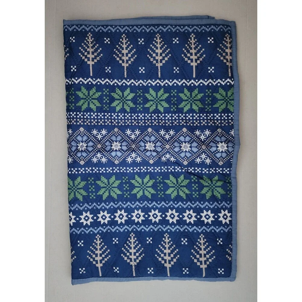 2 Martha Stewart Quilted Pillow Shams Blue Green Fair Isle Christmas 20x26
